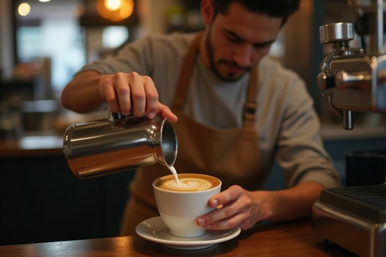 Barista preparing a coffee drink with latte art