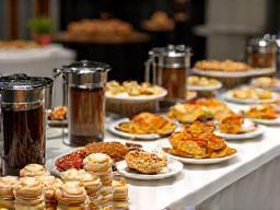 Catering spread with coffee carafes and pastries